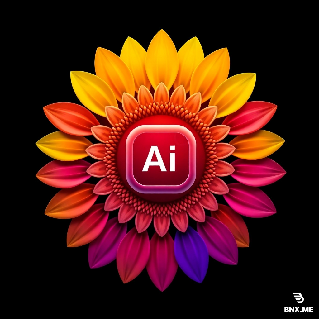 A futuristic app icon design: The official Instagram camera logo is completely transformed into a sunflower with exactly 6 symmetrical, rounded petals arranged in a perfect hexagonal circle. The petals smoothly transition through the full official Instagram brand gradient colors: light yellow, light orange, orange, red-orange, red, dark pink, magenta, purple, blue, and royal blue, rotating harmoniously around the center. At the very center, instead of a simple circle, there is a highly detailed sunflower seed texture (a spiral of tiny seeds) forming the base. Embedded within this seed texture, perfectly centered, is the exact shape of the Instagram app icon (the camera outline) but constructed entirely from the seed pattern itself. Inside the camera shape, the text 'AI' appears in a sleek, minimalist, italic, thin, white font, seamlessly integrated into the seed texture. The background is dark and transparent. High resolution, 3D render, glossy finish, modern vector icon style, ultra-detailed, 8k."