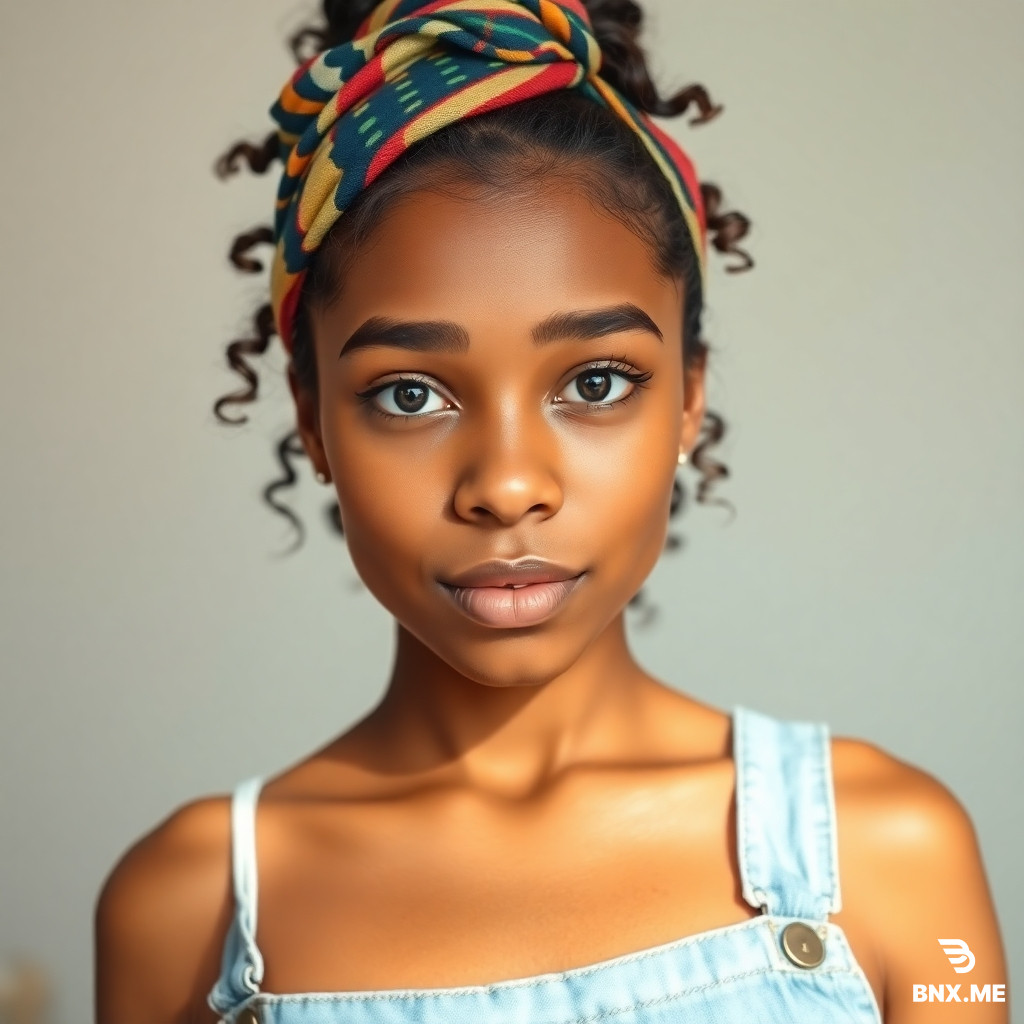 Young South American woman, front-facing portrait. Warm dusky beige skin with natural melanin glow; defined facial geometry. Thick natural eyebrows, soft baby hairs at the hairline, subtle freckles across nose and cheeks, visible micro-pore texture on forehead and cheek areas. Natural lip tone with slight dryness, faint under-eye shadows, peach-fuzz softly catching the light, realistic undertone variations and tiny imperfections - no beauty filter effects. Curly hair tied up with a colorful woven headscarf in a top knot, two loose face-framing curls, realistic stray flyaways. Neutral expression with relaxed mouth and direct eye contact into camera. Outfit: thin-strap white tank layered under light blue washed denim overalls, worn off one shoulder, visible denim stitching and natural fabric folds. Lighting: soft diffused daylight from the front, clean indoor background; true-to-life shadows and subsurface scattering around the nose, ears, and jawline. Camera: eye-level 50mm, shallow depth of field, crisp focus on eyes and skin micro-details. Style & Realism: maintain exact identity consistency, natural skin texture and sheen, realistic imperfections, freckles, flyaways, no plasticity, no over-smoothing Aspect Ratio: 9:16