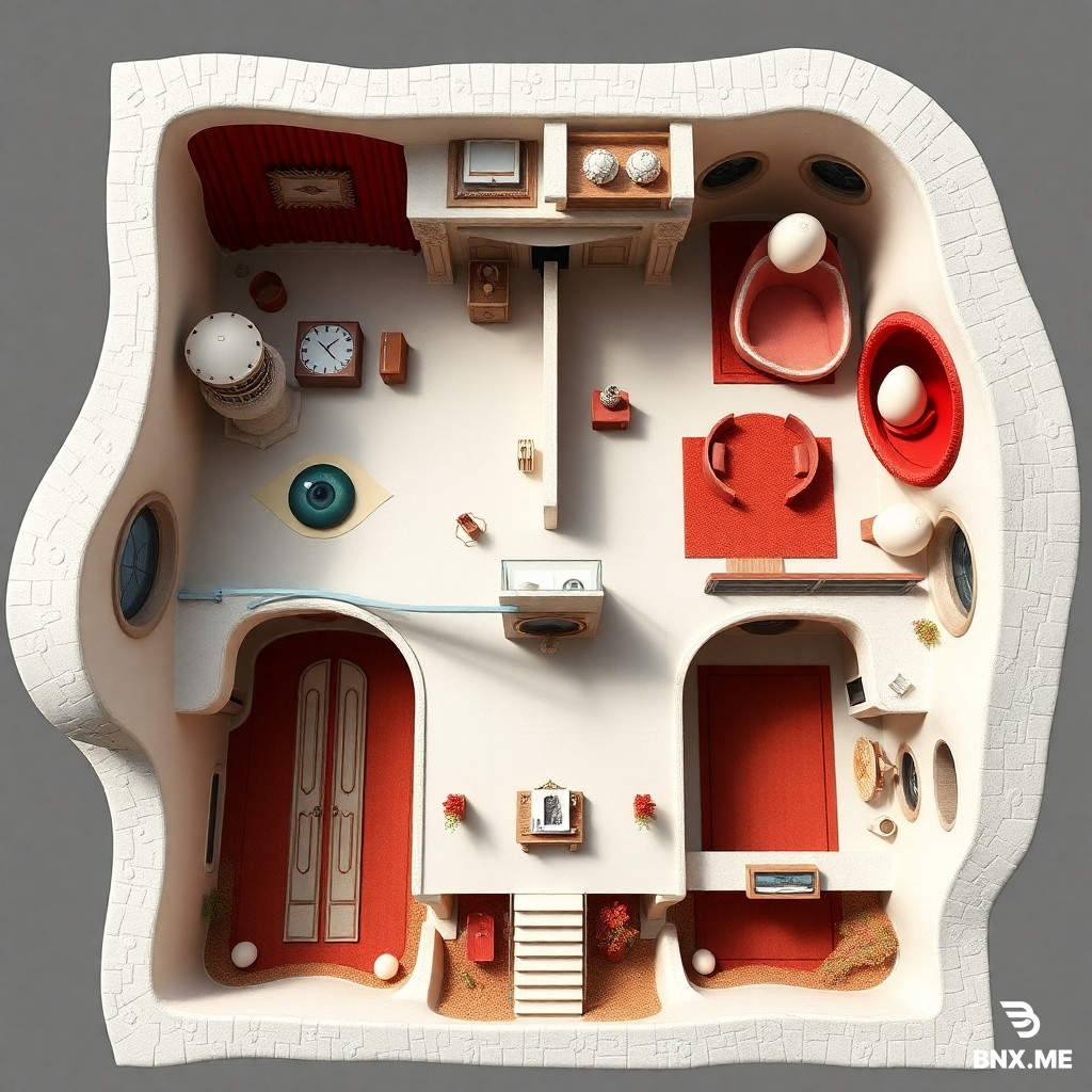 Don't ask me any question just generate the image based on this description:   An artistic, surreal 3D top-down architectural concept rendering of a duplex floor plan, inspired by Salvador Dalí's House of Dream and Time. The layout is organic and fluid. On the ground level, show a large atelier with eye-shaped features and columns resembling elephant legs. The upper level features a dream chamber with a noticeable Mae West Lips Sofa and an ovoid terrace. Include melting clocks, giant egg sculptures, and a color palette of stark white, deep red, and sandy textures. Exaggerated perspective, hyper-detailed, surrealist art style. You are a helpful assistant that generates images based on the user's prompt. You must generate the image based on the user's prompt and the referenced images. You must not ask me any question just generate the image based on the given prompt:  An artistic, surreal 3D top-down architectural concept rendering of a duplex floor plan, inspired by Salvador Dalí's House of Dream and Time. The layout is organic and fluid. On the ground level, show a large atelier with eye-shaped features and columns resembling elephant legs. The upper level features a dream chamber with a noticeable Mae West Lips Sofa and an ovoid terrace. Include melting clocks, giant egg sculptures, and a color palette of stark white, deep red, and sandy textures. Exaggerated perspective, hyper-detailed, surrealist art style.