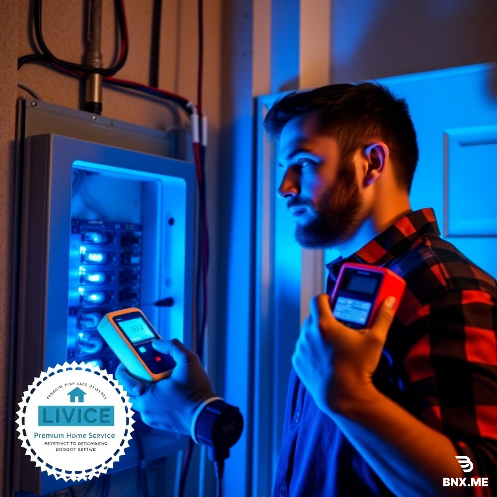 licensed electrician testing residential breaker panel with digital voltage tester, dramatic blue lighting, premium home service branding aesthetic