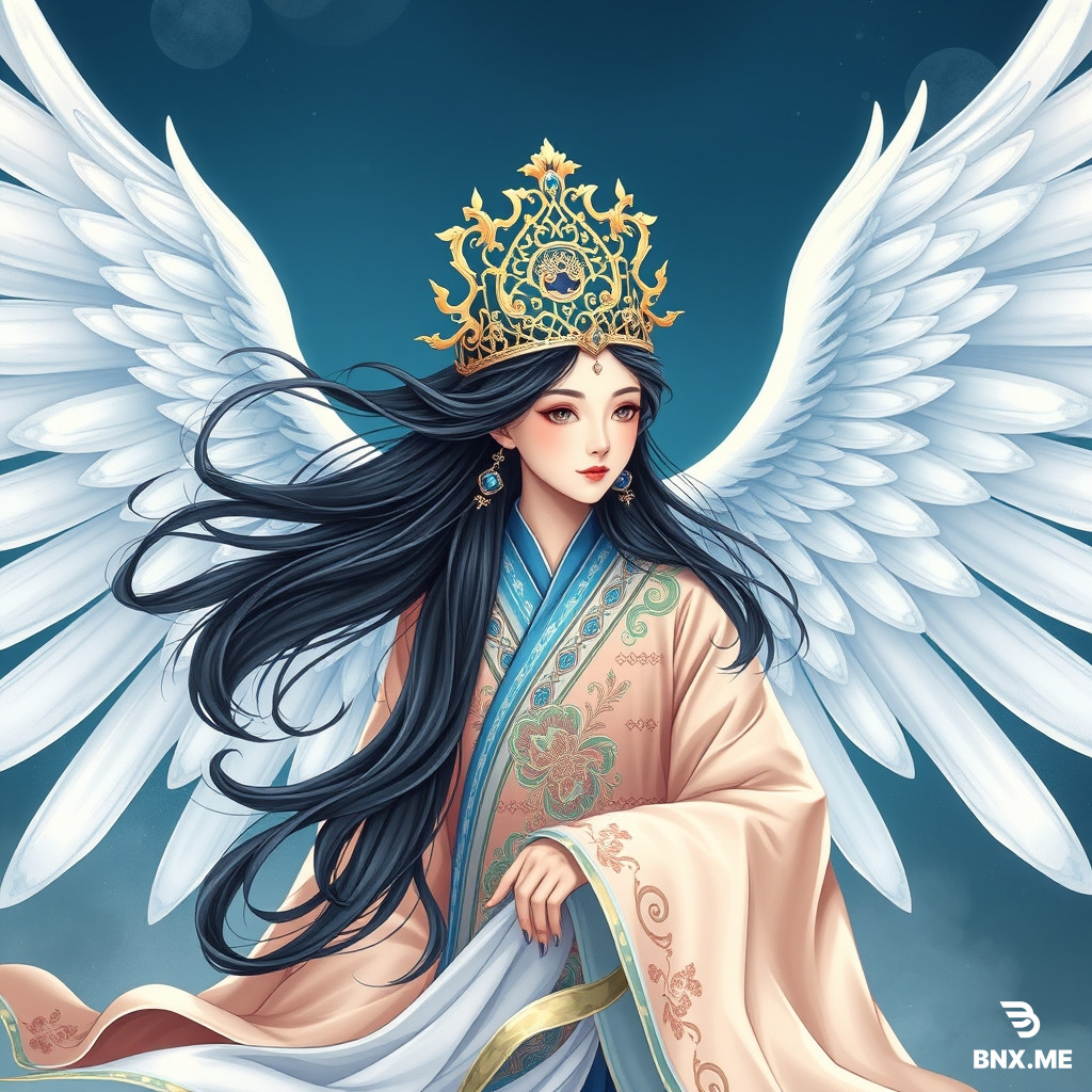 Epic‑level national‑chao new‑Chinese‑style illustration, theme of Jingwei from Shan Hai Jing (Classic of Mountains and Seas). At the center of the frame stands Jingwei, an oriental demigoddess. She has a young‑girl visage with exquisite oriental facial features, gentle yet resolute eyes, fair cool‑toned skin, and refined eye makeup. Her long jet‑black hair flies wildly in the wind with abundant, layered fine strands. She wears an ornate hollow‑out golden phoenix‑pattern crown inlaid with tiny sapphire‑blue gemstones. Behind her unfurls a pair of enormous, majestic pure‑white divine bird wings; every feather is distinctly rendered with gilded trim along the edges, and the wings stretch wide open toward both sides of the composition.  The goddess wears an elaborate ancient‑Chinese wide‑sleeve long gown dominated by deep cobalt blue, cerulean and moon‑white with fluid large‑scale color gradients. Robes and hems billow wildly in gales and ocean waves with lifelike fabric folds. The costume is covered in intricate interlacing cloud motifs all outlined in hot‑stamped gilding with metallic golden luster; sections of the skirt are translucent and sheer. Stretching forward with her right hand, the goddess holds a round, translucent crimson divine stone etched with flowing golden light patterns.  Beneath her and across the background surges a colossal swirling vortex of teal‑blue seawater. Giant circling billows coil and spiral with abundant foam and mist. Ocean waves adopt traditional Chinese scroll‑grass water patterns, every wave crest outlined in gilded lines. In the distance stand several steep, stern gray‑green jagged mountain peaks accented by golden ornamentation within rock crevices. Wispy mist drifts high above beneath a deep indigo night sky dotted with faint starlight.  The overall background base is profound jet‑black, which maximizes visual contrast for hues of blue, white, gilded gold and crimson. Luxurious visual tension is achieved with abundant golden lines, hot‑stamped foil texture and fine sparkling gold‑leaf particles. Ornate traditional Chinese decorative patterns permeate the whole artwork. It delivers grand narrative atmosphere with solemn, romantic mythological sentiment. Cinematic soft lighting and volumetric shading create rich depth. Exquisite ultra‑high detail is applied to hair strands, feathers, garment creases and wave textures. 8K ultra‑high‑definition resolution with sophisticated color saturation. No cartoon or anime stylization; reject flat graphic style. Heavy‑paint illustration, digital Chinese‑style painting.