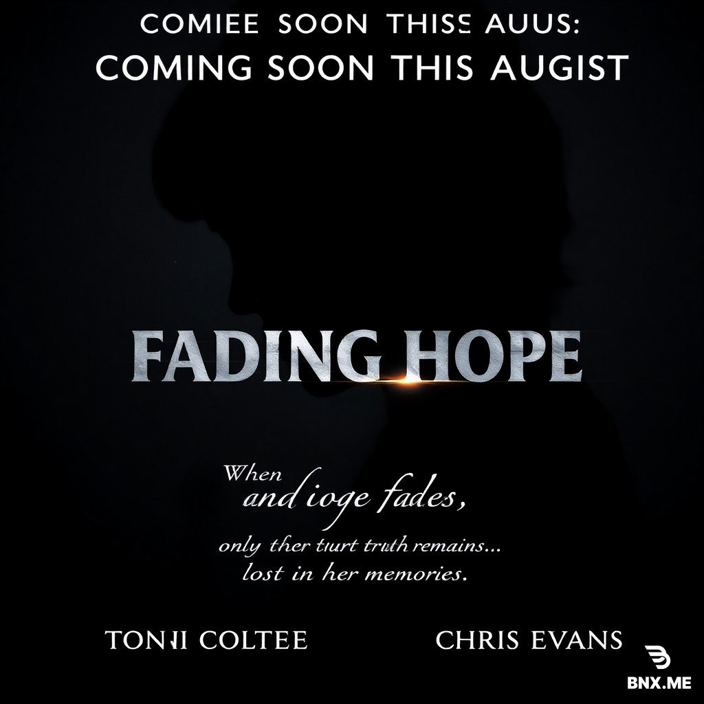 A cinematic movie press advertisement in portrait orientation, measuring 120mm by 198mm, resembling a high-end magazine tear sheet.  The background is a moody, dark gradient blending deep charcoal grey and navy blue, with subtle film grain and floating dust particles.  Center-focused composition: A dramatic, close-up black-and-white silhouette of a woman's face turned slightly downward, partially dissolving into shimmering light particles at the edges, representing fading memories. A single streak of soft amber light cuts across her eye.  Text layout (all text must be crisp and legible): - Top skybox: "COMING SOON THIS AUGUST" in white small caps. - Centered main title: "FADING HOPE" in a massive, bold serif font (like Trajan), slightly distressed, in metallic silver. - Below title in italic script: "When hope fades, only the truth remains ... lost in her memories." in white. - Middle cast block: "TONI COLETTE" "BARRY OTTO" & "CHRIS EVANS" in elegant small caps. - Split credit columns: Left side shows Co-Producer: WILLIAM WATSON and Director: JEFF BRIDGES. Right side shows Writer: SALLY AUSTIN and Producer: BILL WILLIAMS. All in minimalist sans-serif font. - Bold bottom release: "IN THEATERS AUGUST 12, 2026" in large bold white text.  The overall mood is dramatic, melancholic, and arthouse, with a dark, premium cinematic finish. Aspect ratio: 2:3.