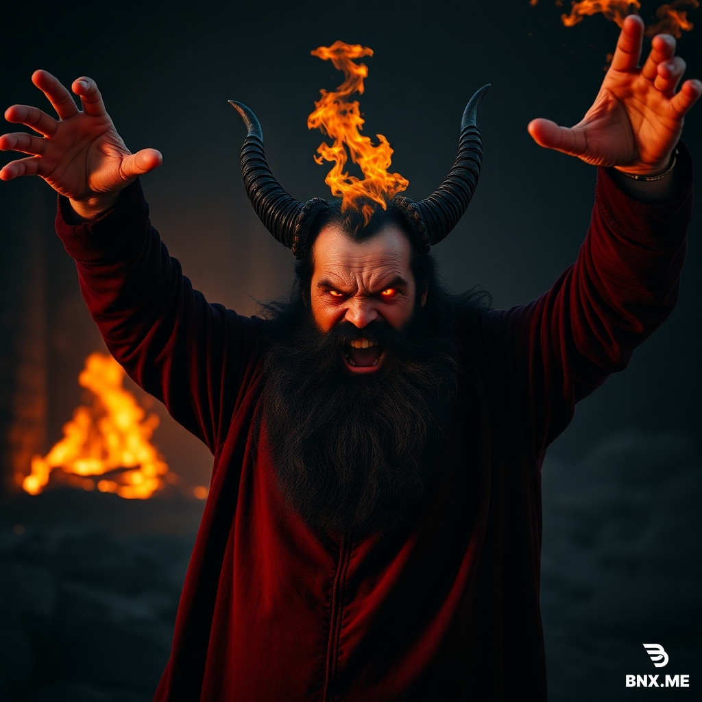 An angry Ingush man with a thick black beard waves his arms angrily. The picture is in black and red colours, depressing, angry and mystical, with a fire burning in the background. It looks like an ancient temple of evil forces. Fire also burns in the Ingush man's eyes. The Ingush man is depicted as the devil. Superrealism 4K.