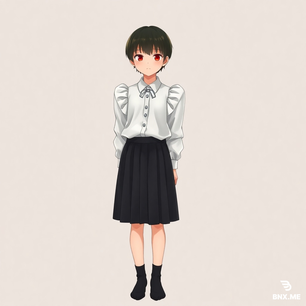 A full-length, realistic image of a Japanese boy wearing a white satin blouse with puffy shoulders, a short black pleated skirt, and thin black ankle socks, standing in a room with a feminine and shy pose.