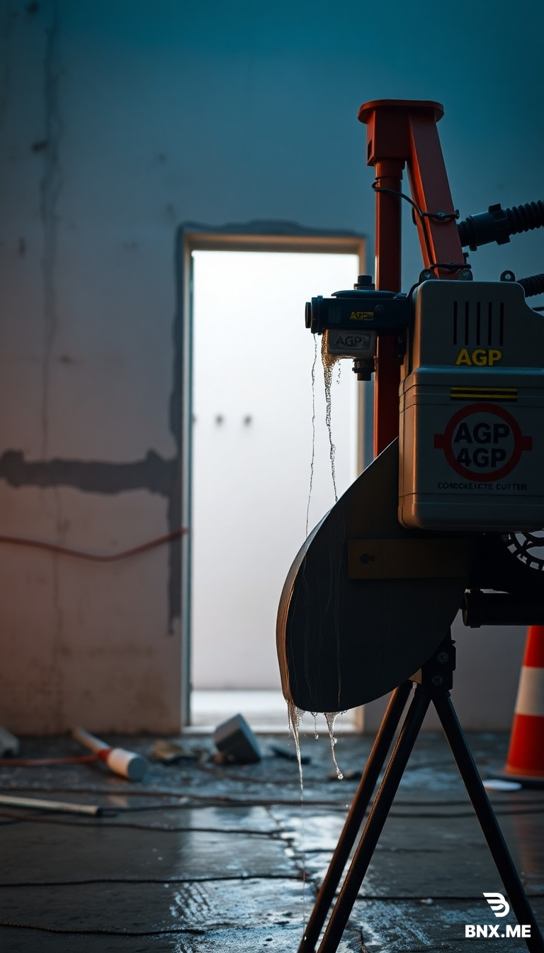 A large concrete cutter from AGP stands on a stand, dripping water. A construction site is visible in the background, with a clean cutout in the wall for a door.
