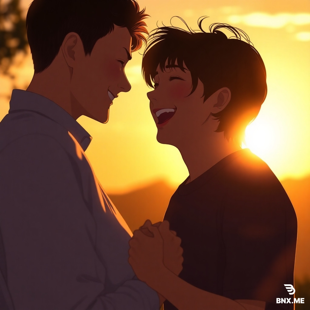 Close-up shot of a couple laughing together under a warm sunset (Golden Hour), soft sunlight shining through their hair, holding hands, but the edges of the frame are fading away like a dream, anime style, nostalgic and bittersweet.