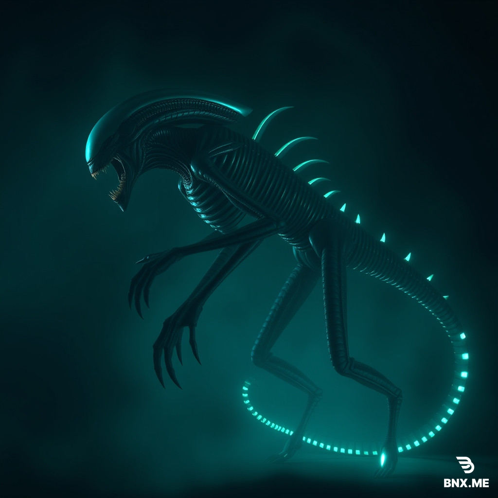 side profile view, facing left, full body shot, creepy alien monster, eyeless face, huge gaping mouth, human-like teeth, dark slimy smooth skin, ribbed skeletal chest, extremely long arms with sharp claws, digitigrade legs, long glowing segmented tail, dark foggy background, teal cyan cinematic lighting, volumetric fog, bioluminescent glow, photorealistic, horror photography, 8k, highly detailed, unsettling atmosphere, uncanny valley, lovecraftian