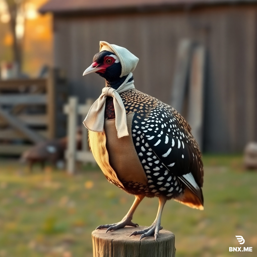 Realistic partridge bird wearing a small vintage bonnet tied under its chin and a simple cloth waistcoat draped over its body, standing on a wooden table or fence post in a rural 1880s Minnesota farmyard. The bird is in a natural posture. Autumn background, golden light. No anthropomorphic behavior, no humans, realistic bird.