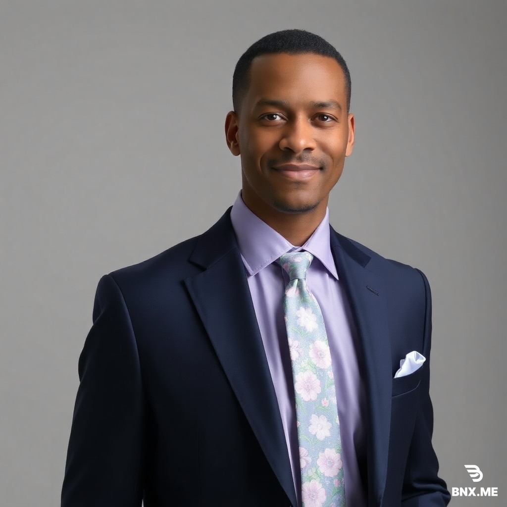 A picture of a man in a dark navy suit with lilac shirt and flowery light tie