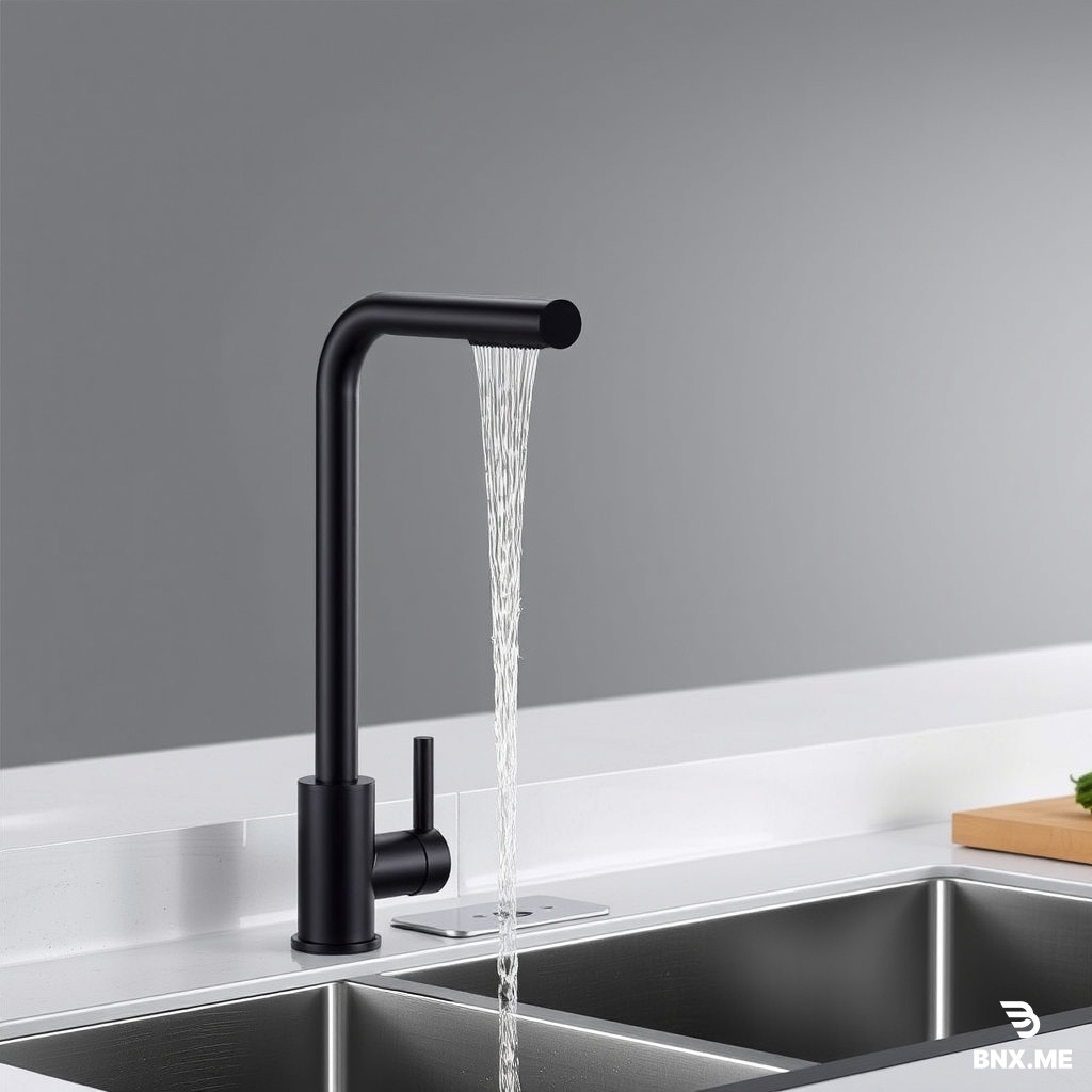 Black matte piano key kitchen faucet with waterfall spout, pull-down sprayer, LED temperature display, stainless steel sink, modern kitchen countertop, minimalist composition, no text, professional product shot, sleek design --ar 16:9