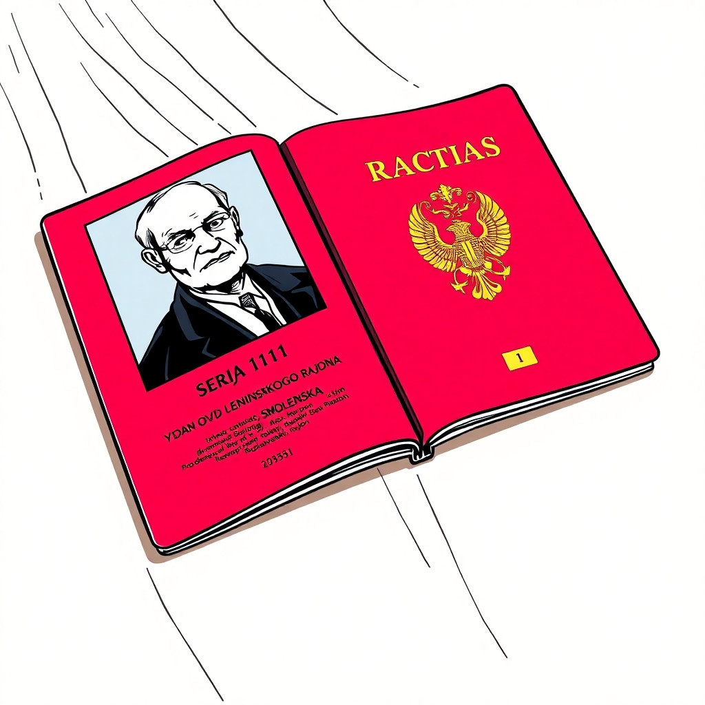 Colorful european comic book style, ligne claire, clear black ink outlines, flat colors, no shading. Extreme close-up of an open red Russian passport lying on a wooden table. The left page shows a black-and-white photo of an elderly man. Visible text: "SERIJA 1111 No 123456", "VYDAN OVD LENINSKOGO RAJONA g. SMOLENSKA", "PROPISKA: d. 16 derevnja Dobybki, Roslavlskij rajon". No people. No speech bubbles. No empty circles. Background light beige.
