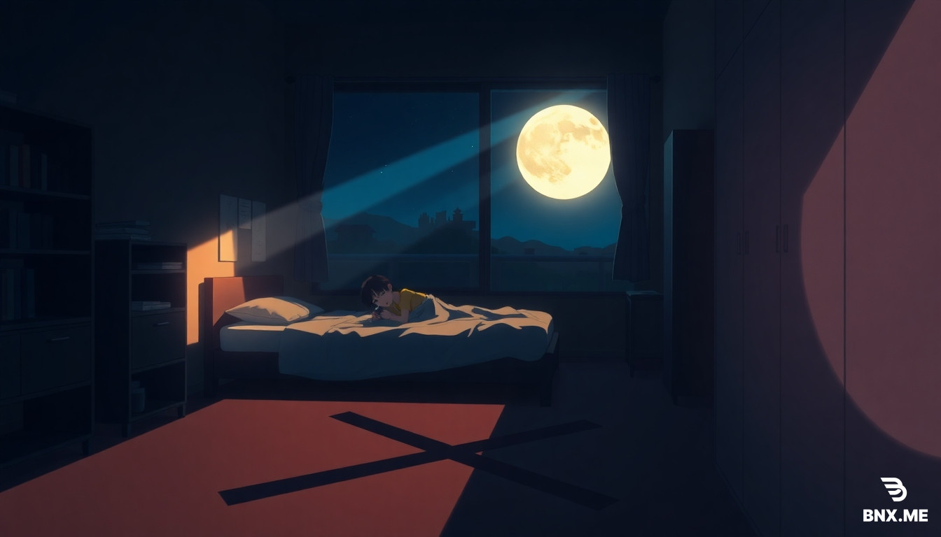 anime cinematic illustration, Makoto Shinkai style, dark dormitory room at night, moonlight streaming through window casting shadows, a university student lying on bed looking at phone, U-shaped valley shadow on the floor, X-shaped crossroads shadow on the wall, melancholic atmosphere, deep blue night colors, lonely mood, detailed interior, widescreen 16:9 composition