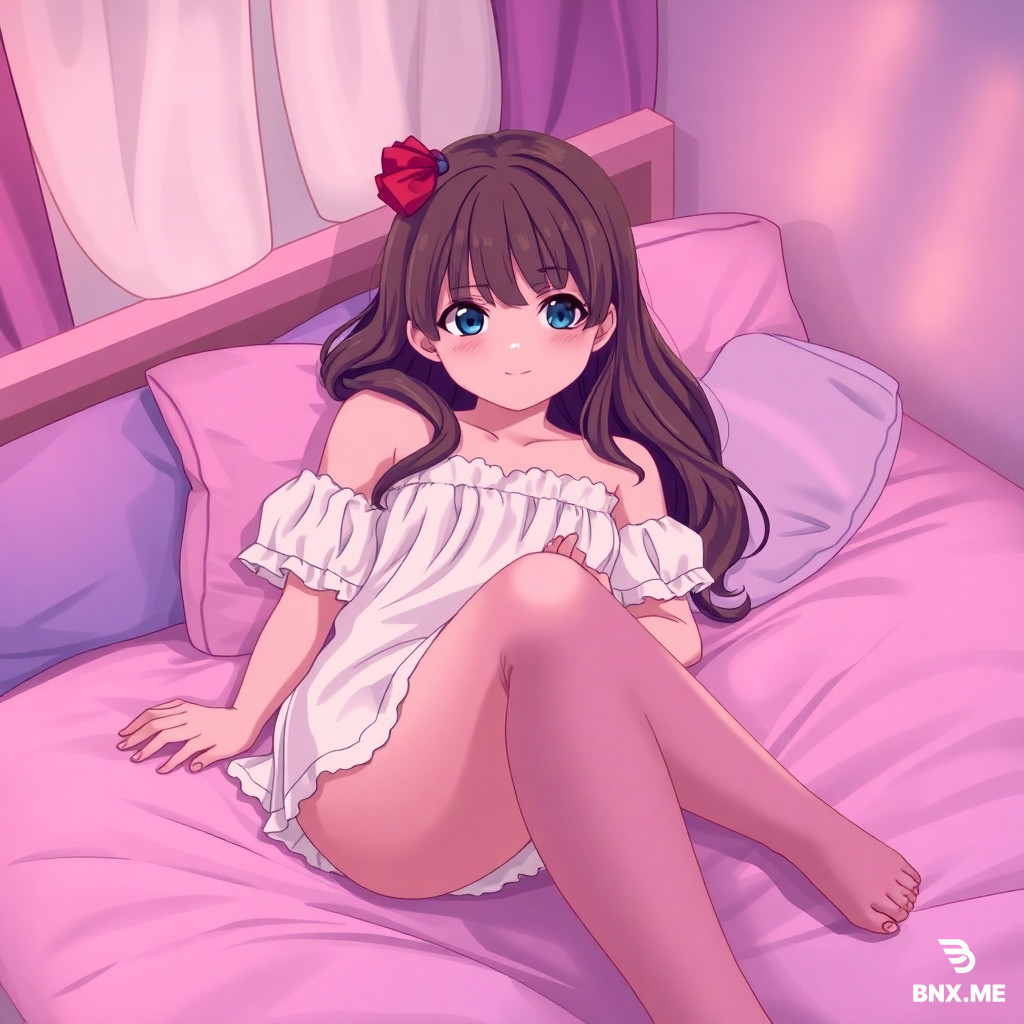 an adorable preteen girl wearing a short night gown with thigh high stockings reclining on her bed