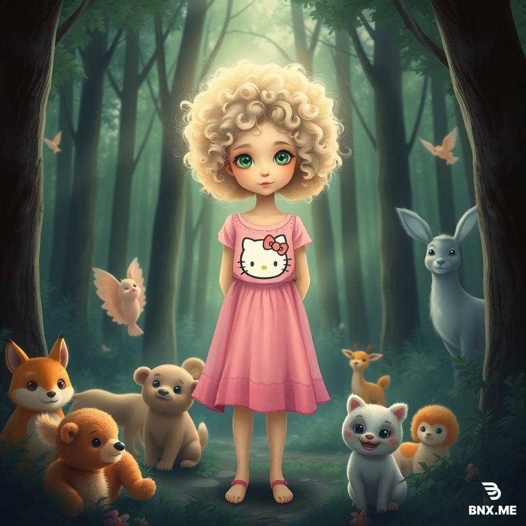 A GIRL NAMED 'light' is standing in middle of the forest, all the animals are attracted to her, forest background, the girl is spreading light in the forest, animals want to be close to her. the girl have a pink dress, curly light hair, green eyes, and a paining of 'Hello Kitty' on her dress