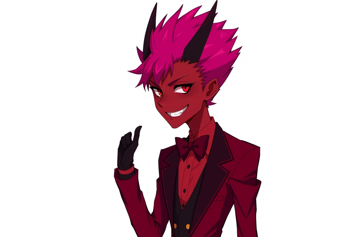 1boy, solo, His hair is bright and vivid red leaning toward magenta, thick and sharp and styled upward, and on top of his head two large and pointed parts like horns are visible that are actually formed from the hair itself. The lower and back parts of the hair are black and several strands of black hair are placed on both sides of his face. His face is elongated and narrow with a delicate jaw and a pointed chin. His skin is dark red leaning toward crimson, he has narrow and sharp red eyes with completely black sclera and his nose is long and narrow. His smile is very wide and distinct and his sharp yellow teeth are visible ___ In terms of body, Alastor is tall and very thin and elongated; relatively narrow shoulders, long arms and legs and his overall body form is delicate and bony. His formal suit also shows this elongated form more A formal and stylish suit with a dark red jacket, a bright red shirt, black pants and a dark red bow tie. He should also be wearing black formal shoes and black gloves. The clothing style should be completely neat, classic and old-fashioned and his appearance should give the feeling of an old and mysterious radio host ____ Alastor is standing with a confident pose in front of the radio desk; his body is slightly leaning to one side. One of his hands is placed on the microphone staff/handle and his other hand is slightly raised in a dramatic manner, as if he is performing a radio program. His head is slightly bent toward the camera and he has the same wide and mysterious smile on his face. His gaze is directly at the camera. _ An old and dark radio studio with the vibe of old decades; dark wooden walls, an old microphone on the desk, warm and dim lights, wooden shelves and several old radio devices around. There should be a soft red and golden light in the space and the environment should look slightly mysterious and stylish
