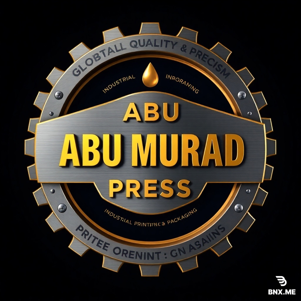 Ultra-premium industrial logo for "ABU MURAD PRESS", designed as a powerful 3D metallic emblem with a shield and gear structure, clean and symmetrical composition. Use high-end steel and gold materials with realistic reflections, embossed and engraved details, and deep 3D depth for a luxury industrial feel.  Place "ABU MURAD PRESS" in the center as very large, bold, dominant English typography with a polished engraved gold metal finish, perfectly readable, sharp, and professional.  Add top circular text: "GLOBAL QUALITY & PRECISION" in a strong corporate font.  Add subtitle below: "INDUSTRIAL PRINTING & PACKAGING" in a modern, minimal, clean font.  Integrate subtle industrial elements such as abstract printing machine forms and flowing paper in a clean, non-cluttered way. Include a small oil drop icon at the top center as a symbol of quality.  Use a dark navy blue background with gold and steel gray color palette. Apply cinematic lighting with strong highlights and deep shadows.  Style must be iconic, centered, symmetrical, and suitable for global corporate branding. Ultra-clean vector-style edges, sharp lines, no blur, no distortion, no spelling errors, no mockups, no background noise, pure logo only.  8K resolution, high detail, professional brand identity  --v 6 --style raw --ar 1:1 --q 2