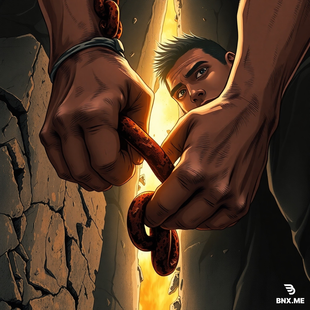 A gritty, realistic illustration of an entrepreneur's hands gripping a heavy, rusted chain that is attached to a massive stone block. The stone block is slowly cracking, and golden light is bursting through the cracks. The person is sweating but has a focused, unwavering stare. Low-angle shot, dramatic chiaroscuro lighting, intense atmosphere, motivational art. --ar 1:1
