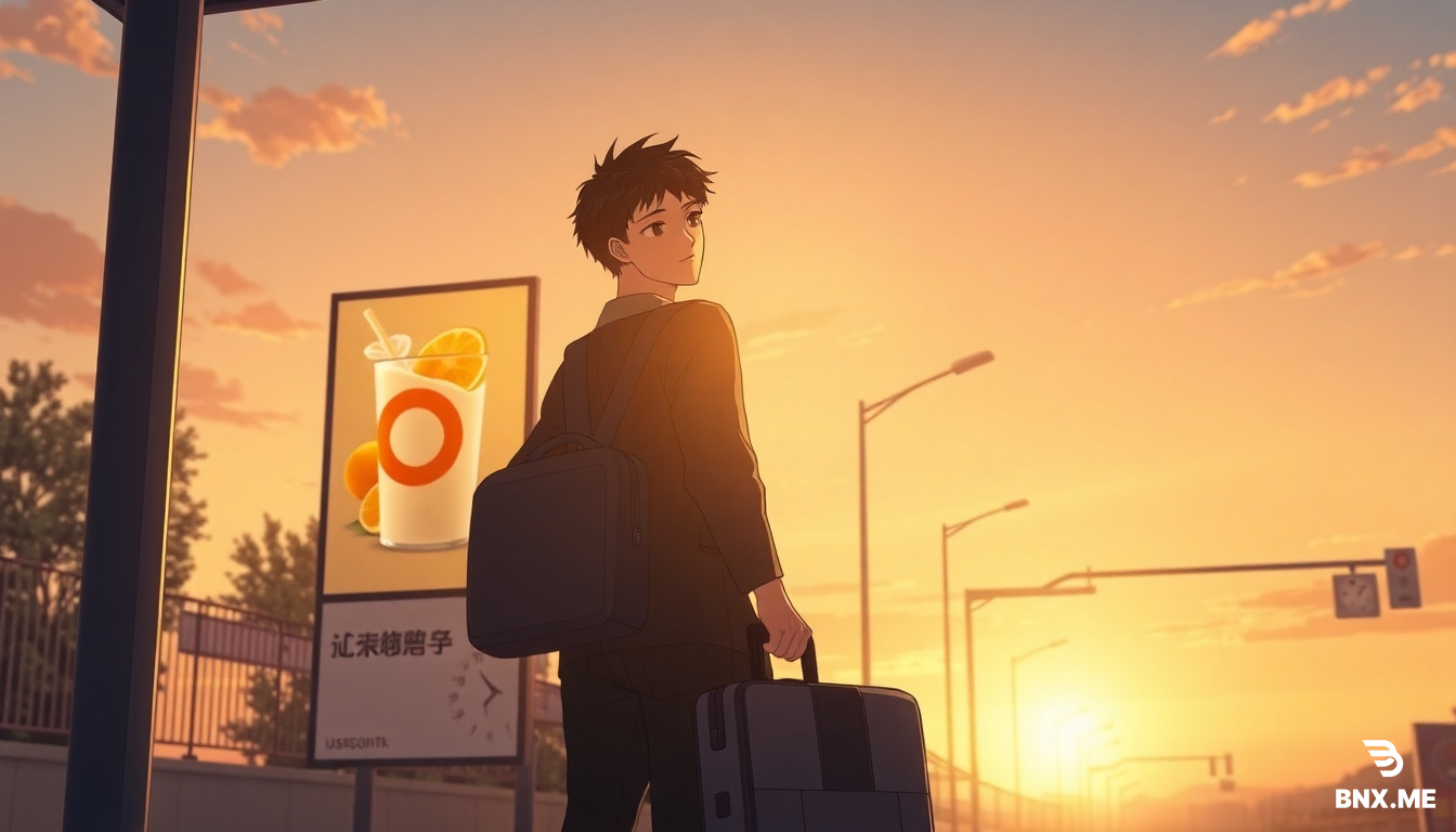 anime style cinematic illustration, makoto shinkai style, a university graduate with suitcase standing at a T-shaped bus stop shelter at sunset, a billboard poster on the stop shows fruit milk drink with an orange letter O, a clock in distance shows midnight, warm golden lighting, widescreen composition, highly detailed