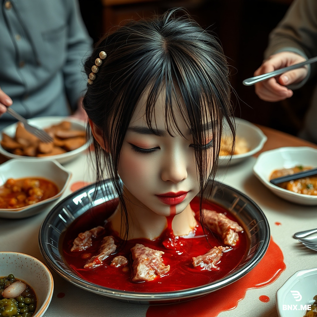 A beautiful high school Eastern Asian maiden's head cruely chopped off,put in a dish of meat on the dinner table,among cuisines,with cute hairpin,eyes closed,red liquid flowing below the head,as real as photo,with a face full of reality