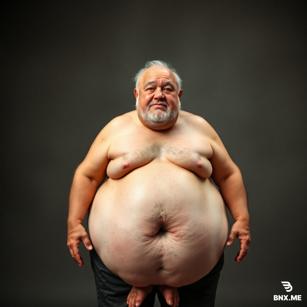 Show all the body from head to foot of an old fat man 100kg