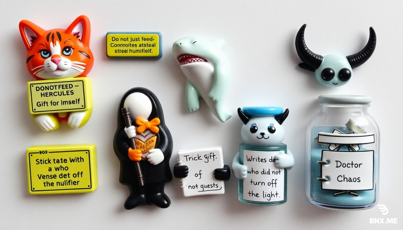3. Souvenir fridge magnets (a series of small ironic images) A Sniffer cat with a sign saying "Do not feed — Hercules will steal it himself."  Chicken Tamara in the pose of Venus de Milo (without wings).  The shark peeking out of the humidifier.  A stick tied with a bow is a "Gift for guests."  A reader with a notebook, signed: "Writes down who did not turn off the light."  Doctor Chaos is a jar with horns and eyes. Style: mass market, glossy plastic, rounded corners, bright colors.