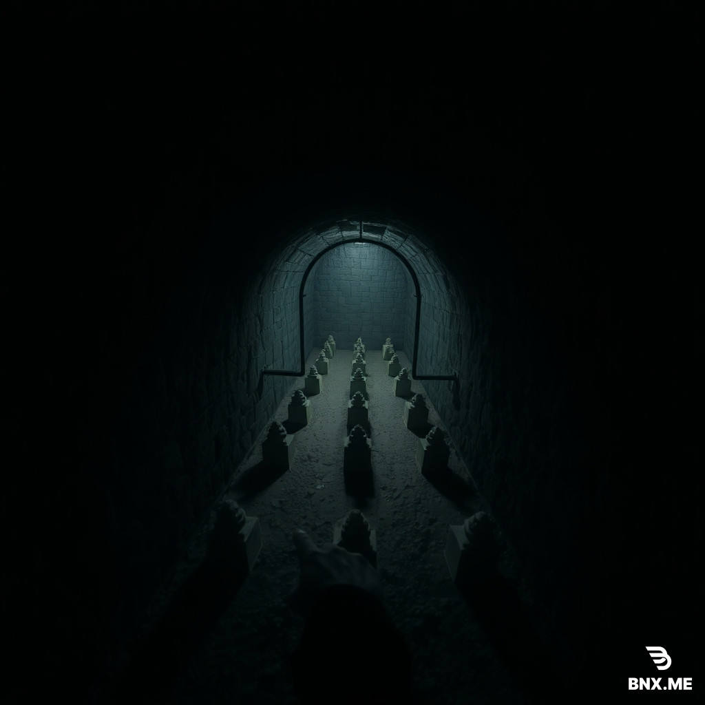 "First-person view of a person looking down into a basement through a hatch from above and seeing rows of graves in the darkness."