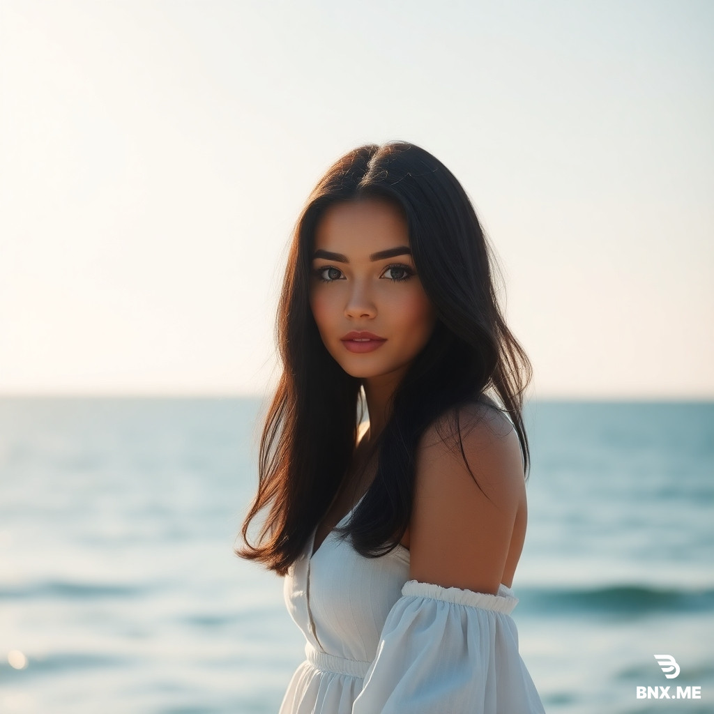 A real 4K image of a beautiful and well-shaped woman with hazel eyes and black hair, standing by the sea, the woman is very beautiful and well-shaped, the sunlight shines on her body from behind, natural image light, natural female skin texture, hyper-realistic quality, wide camera angle