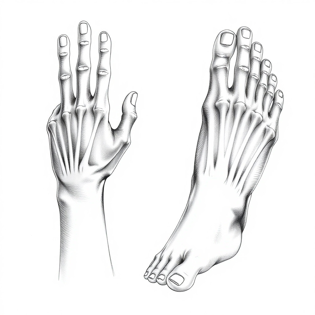 Estudio anatómico detallado de manos y pies humanos. Manos con cinco dedos claramente separados, uñas visibles, articulaciones marcadas, posición natural (no rígida). Pies con cinco dedos, arco y talón definidos. Dibujo realista a lápiz sobre fondo blanco, con sombras suaves y proporciones exactas. Inspiración en dibujo académico de libro de anatomía. Sin deformidades ni dedos extra. Enfoque nítido.