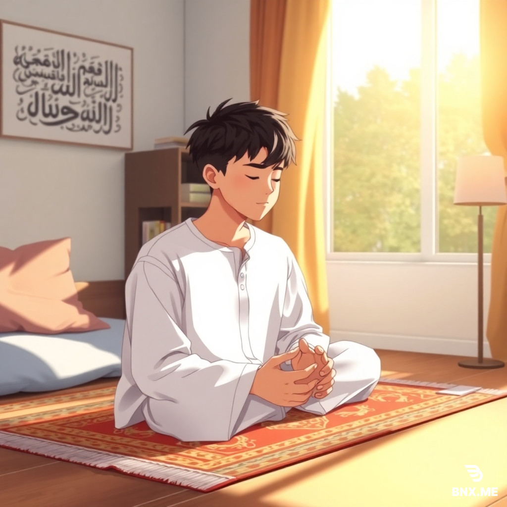 Anime style, adult Muslim boy with a stylish Korean haircut (two-block cut with slightly wispy bangs), wearing a clean white thobe or loose shirt and pants. He is sitting on a colorful prayer mat in his cozy bedroom, in a praying position (sajdah) with his forehead touching the mat, hands placed flat. Soft golden sunlight streams through a window beside him. On the wall, there is Arabic calligraphy art. A small bookshelf and a lamp on a bedside table. Warm, peaceful atmosphere, gentle shadows, high quality, anime art style, clean lines, soft colors."