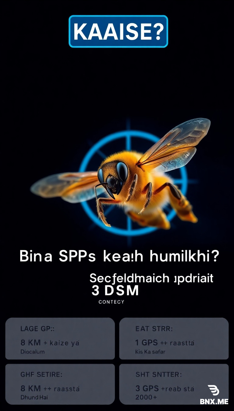 Cinematic YouTube thumbnail 16:9, dark navy blue background.  Center image: extreme macro close-up of golden honeybee flying,  wings spread wide showing translucent detail, compound eyes visible,  pollen on legs glowing gold, dark blue atmospheric background,  dramatic blue rim lighting, photorealistic.  Around the bee: faint glowing compass circle overlay,  subtle GPS grid lines in blue, scientific aesthetic.  TEXT ON IMAGE — place exactly:  TOP LEFT — large blue rectangle badge, bold white text: "KAISE?" smaller text below: "کیسے؟"  CENTER LARGE BOLD WHITE TEXT line 1: "Bina GPS Ke Yeh Makkhi" CENTER LARGE BOLD CYAN TEXT line 2: "Kaise Raasta Dhundti Hai?"  BELOW CENTER — white medium text: "بغیر GPS کے راستہ کیسے ڈھونڈتی ہے؟"  BOTTOM 3 STAT BOXES side by side: Box 1 dark blue: bold cyan "8 KM" white small "Roz Ka Safar" Box 2 dark blue: bold cyan "2000+" white small "Phool Roz"   Box 3 dark blue: bold cyan "ZERO" white small "Ghaltiyan"  BOTTOM BAR blue rectangle bold white: "HaiAllahNoor — Islamic Nature"  High contrast dark blue and cyan palette. Cinematic sci-fi documentary look.