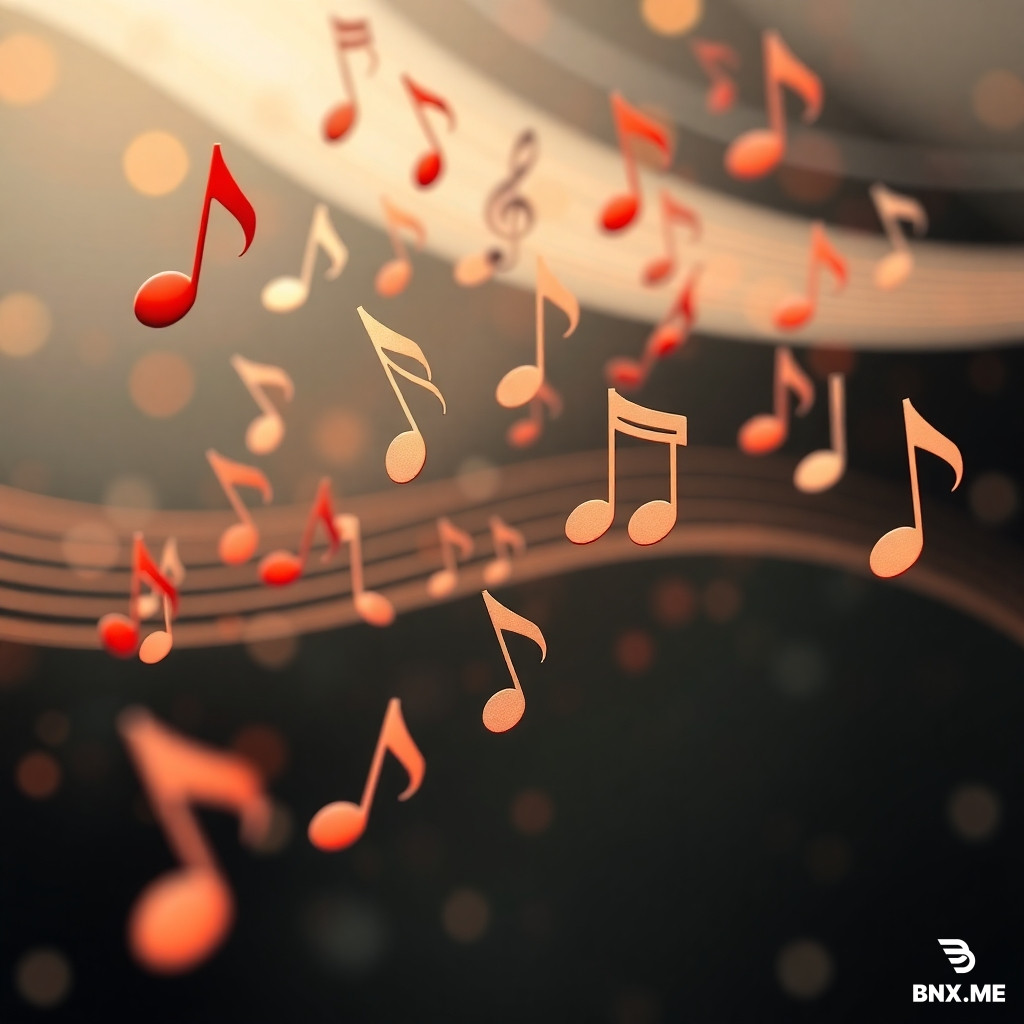Generate an image visualizing musical notes in an abstract and dynamic composition. Let the musical notes dance in the air, forming a symphony of shapes and symbols that convey the essence of sound. Show the notes floating and intertwining in air, creating a visually harmonious composition.