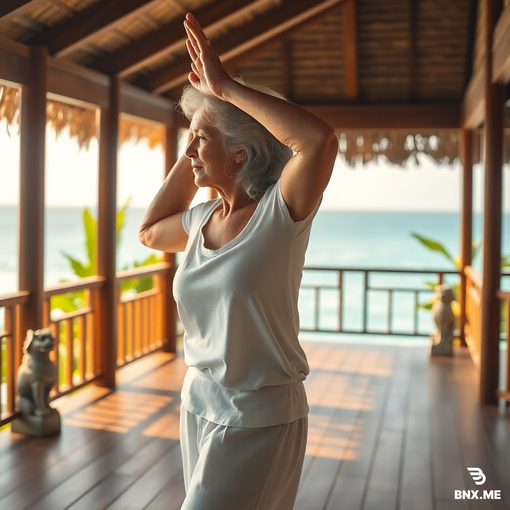 Photorealistic, soft morning light on a indian prabhuyoga traditional japanese Okinawan wooden veranda overlooking turquoise sea. A woman aged 65 with silver hair gracefully performs a gentle hip‑opening yoga pose. She wears simple white cotton clothes. In the background, a small stone shisa lion and green tropical leaves. Warm, peaceful, active aging. Canon R5, 85mm lens, golden hour, high detail.