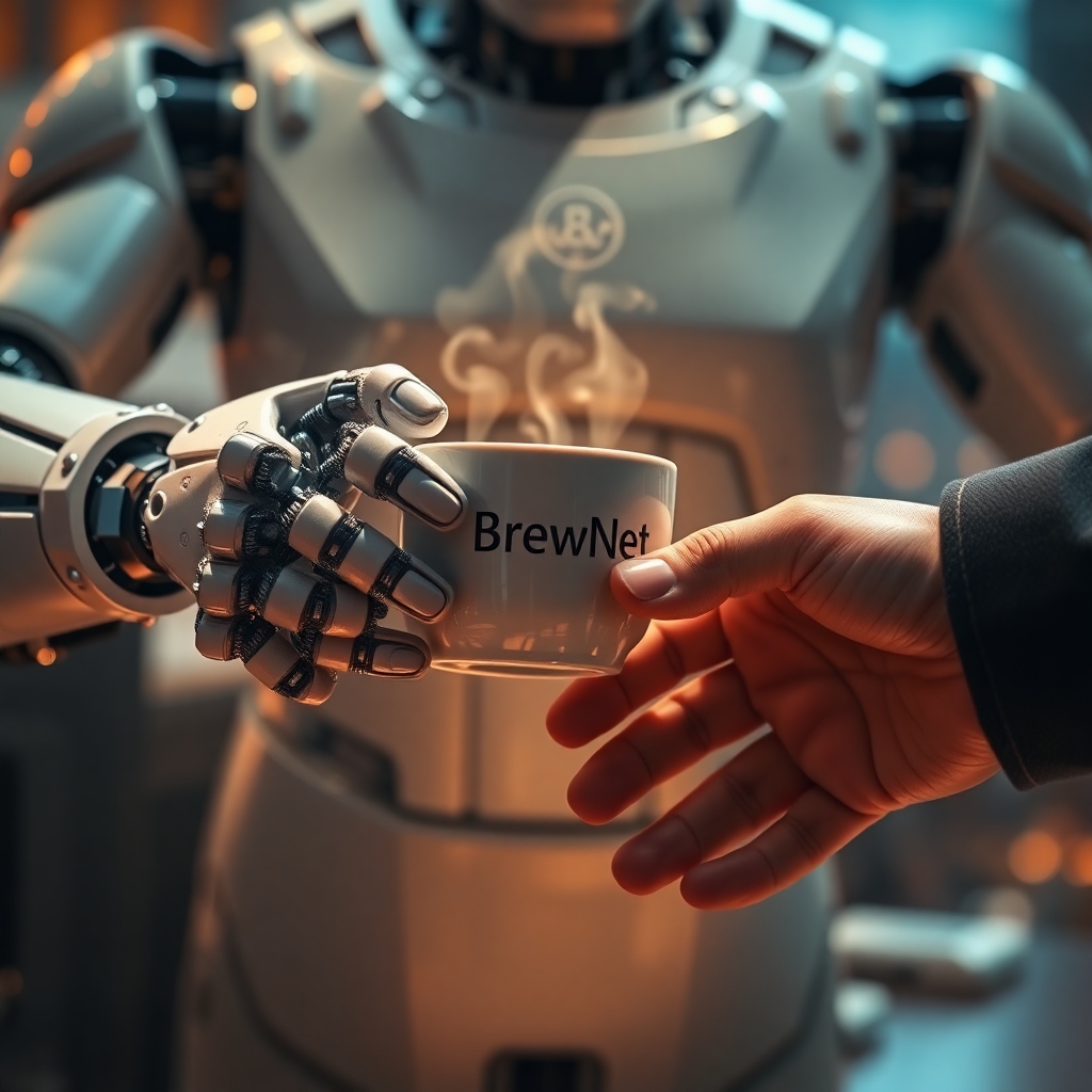 A cinematic, hyper-detailed poster of a futuristic robot barista handing a steaming ceramic cup of coffee to a human customer — extreme close-up on both sets of hands and fingers, showing mechanical articulation and soft, realistic human skin. The robot has a small logo on its chest that reads “BrewNet” in clean sans-serif, warm cinematic rim lighting, shallow depth of field, 8k detail, photorealistic, subtle film grain. Emphasize realistic fingers and correct anatomy, no extra or missing digits, no floating limbs. Include a faint cityscape bokeh in the background.