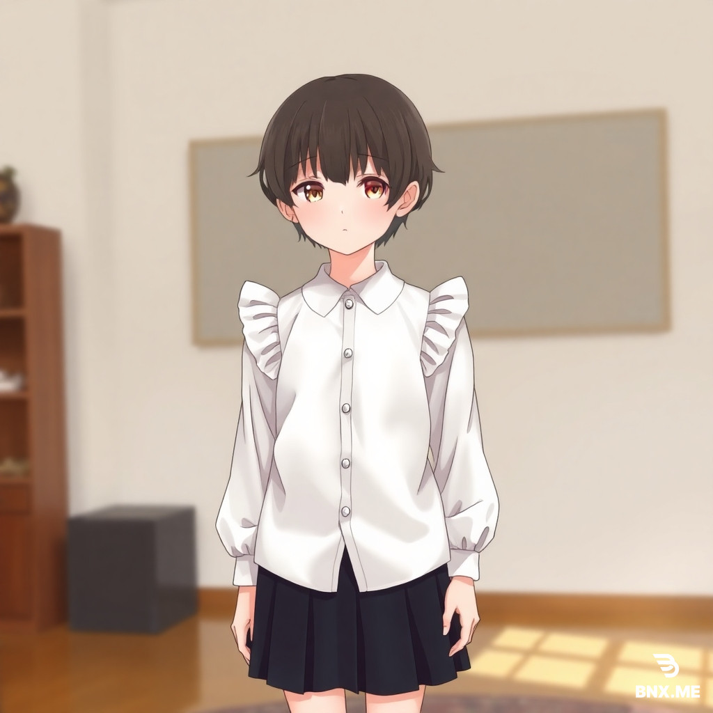 A full-length, realistic image of a Japanese boy wearing a white satin blouse with puffy shoulders, a short black pleated skirt, and ساثثق black ankle socks, standing in a room with a feminine and shy pose.
