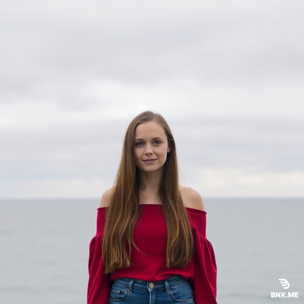 A woman with long, reddish-brown hair, fair skin, standing in front of a body of water (ocean or large lake) under a cloudy sky. She wears an off-the-shoulder red top and blue jeans. The mood is relaxed and outdoorsy.