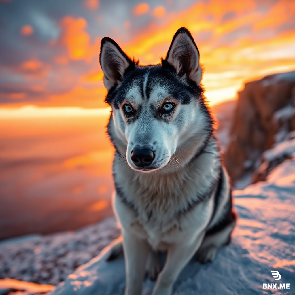 "A majestic Siberian Husky with heterochromia (one bright blue eye and one warm amber eye), sitting on a snowy cliff edge at golden hour. The background features a breathtaking sunset with vibrant orange and purple clouds reflecting off a frozen lake below. Ultra-realistic, highly detailed fur texture, cinematic lighting, 8k resolution, sharp focus, emotional and majestic atmosphere."