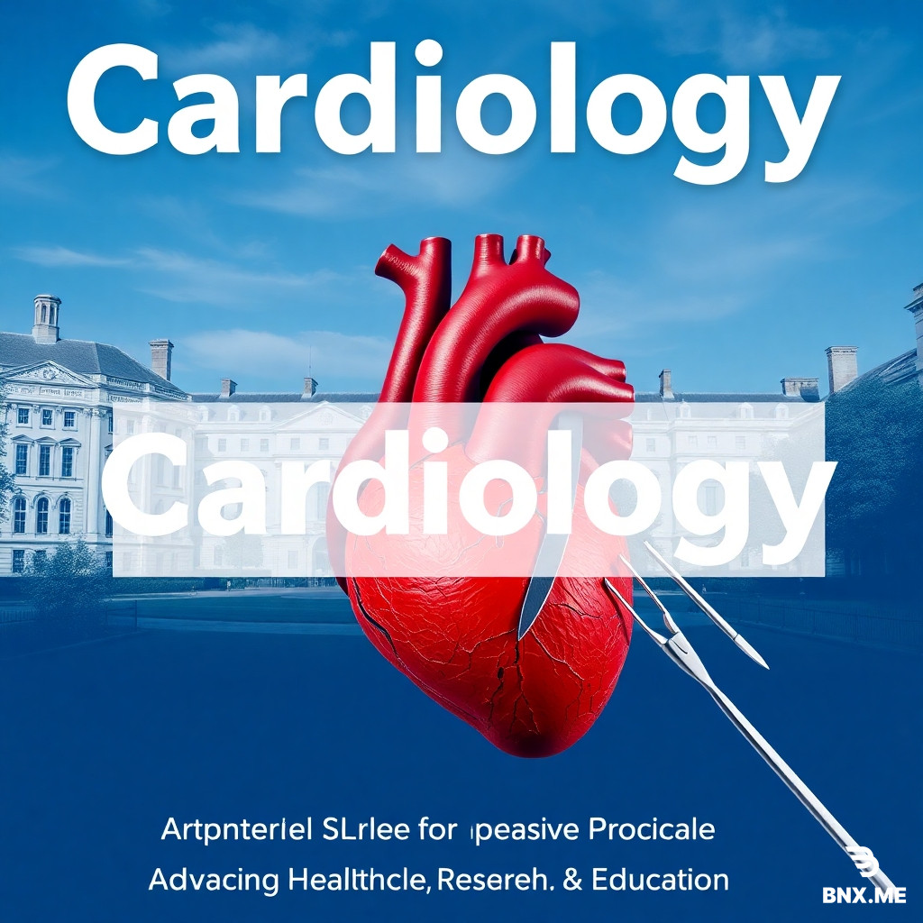 A professional medical poster design. The layout is: at the top center, large bold text "Cardiology". In the middle center, medium text "Imperial College London". At the bottom center, smaller text "Advancing Healthcare, Research & Education". The background shows a beautiful, clear image of Imperial College London campus with historic white buildings. In the foreground overlaid on the background, there is a detailed, photorealistic human heart with surgical instruments like scalpel, forceps, and scissors. The style is clean, academic, with deep blue and white tones, sharp focus, 4k quality, suitable for printing.
