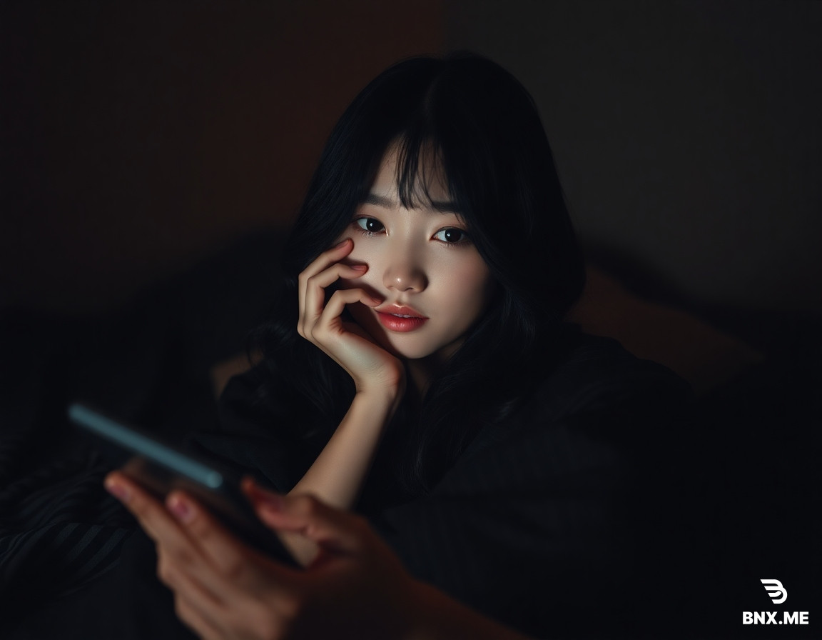 A dimly lit cinematic bedroom scene viewed on a tablet screen at a slight angle in a dark room. A young East Asian woman with an elegant gothic-inspired aesthetic (inspired by Akeno-like refined beauty) has long, silky jet-black hair with soft natural waves and side-swept bangs. Her appearance is graceful and slightly mature, with delicate realistic facial features, smooth skin texture, and calm slightly droopy eyes that give a quiet mysterious and elegant aura. She is shown in a medium shot (not close-up), lying on a bed wrapped in a dark-toned striped blanket. Her posture is relaxed and graceful, with one hand resting near her cheek. She holds an iPhone 6s casually in her hand, partially covering part of her face in a natural, editorial-style pose. The mood is gothic elegant: soft, moody, and cinematic with a refined fashion editorial atmosphere (SFW, non-sexual). The focus is on overall composition, silhouette, and aesthetic mood rather than facial close-up. Warm low bedside lighting blends with deep shadows, creating a cinematic contrast across her figure and hair. The background is softly blurred, showing a slightly messy but aesthetic dark bedroom with shelves and minimal decor. Subtle tablet camera UI overlay (focus square, shutter button) is visible. Captured with iPhone 4S aesthetic: low resolution, slight pixelation, compression artifacts, soft blur, digital noise, weak dynamic range, muted tones, film grain, light motion blur, imperfect focus, nostalgic early smartphone feel, unfiltered realism.