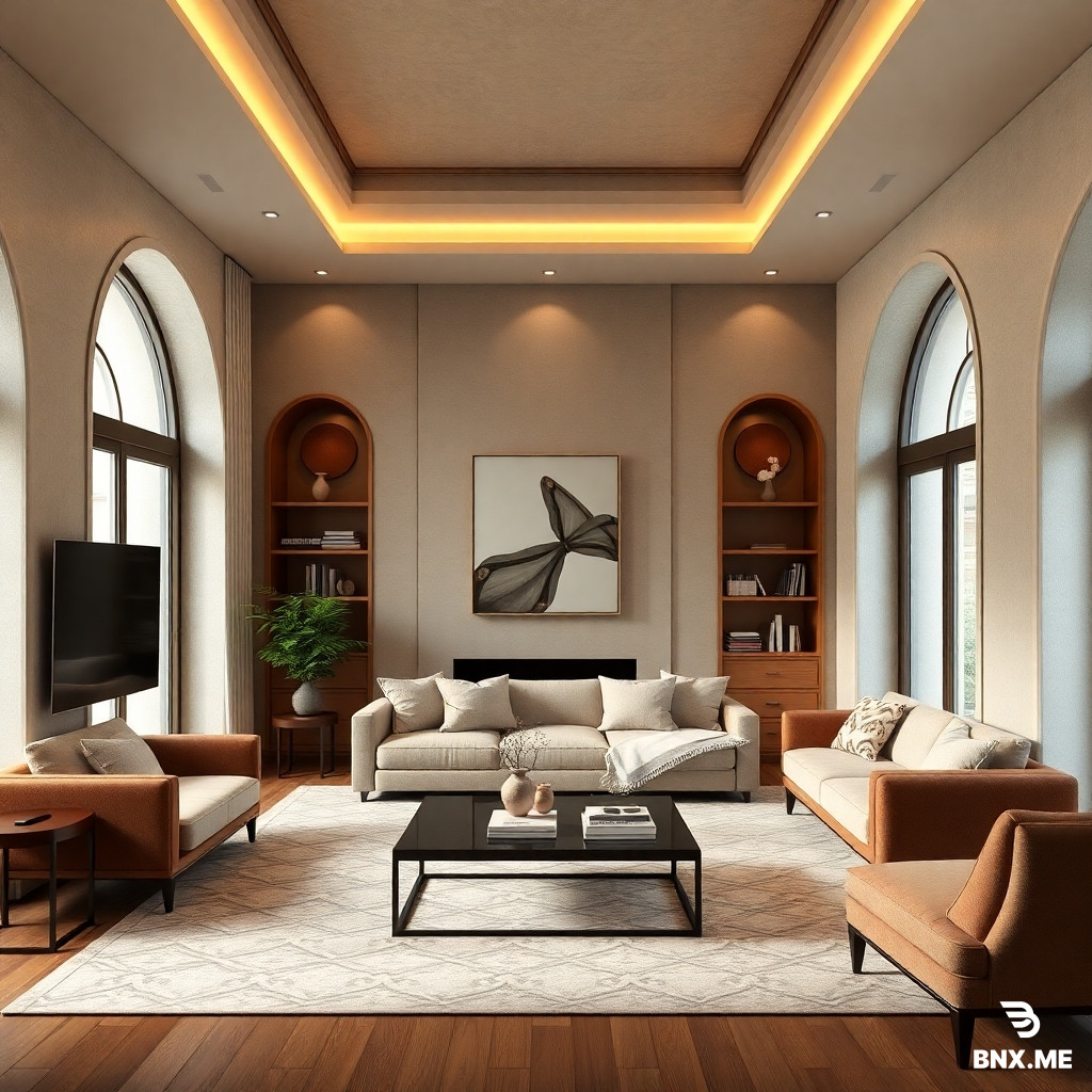 Ultra-realistic interior design visualization of a sophisticated living room in a 120–150 m² modern Iranian home.  The space should feel like the home of a successful entrepreneur, CEO, and founder in the tourism industry who is deeply passionate about books, culture, travel, and lifelong learning. The atmosphere should communicate intelligence, calm confidence, refinement, and authenticity without looking luxurious for the sake of luxury.  Overall Design Philosophy  - Minimalist with a strong "Less is More" philosophy. - Warm, timeless, effortless elegance. - Every object has a purpose. - No visual clutter. - Quiet luxury rather than flashy luxury. - Sophisticated but deeply inviting.  Cultural Identity  This should not look like a Scandinavian or European apartment with Persian decorations.  Instead, it should feel like a contemporary Iranian home that respectfully reinterprets traditional Persian architecture.  Incorporate authentic Iranian architectural elements such as:  - Elegant Persian arches - Niches (taaqcheh) - Traditional proportions - Persian-inspired ceiling details - Warm plaster textures - Wooden craftsmanship - Traditional Iranian windows interpreted in a modern way - Handmade Iranian lighting inspired by historic Persian architecture  The space should feel unmistakably Iranian while remaining contemporary.  Furniture  Modern furniture only.  - One comfortable modern sofa - Two elegant lounge chairs facing the sofa - One large wooden coffee table - One cozy oversized pouf or lounge floor cushion designed specifically for reading and relaxing  No TV.  No TV wall.  No TV console.  Instead of a TV wall, create a beautiful architectural focal point featuring:  - Persian architectural niches - Carefully curated books - Handmade ceramics - One meaningful artwork - A few travel objects collected from different regions of Iran - Warm indirect lighting  Books  Books are part of the owner's identity.  However, avoid creating a huge library in the living room because the main library is located in the home office.  Instead, display only carefully selected books:  - Iranian history - Architecture - Tourism - Photography - Business - Design - Philosophy - World cultures  Books should appear intentionally curated rather than numerous.  Tourism Identity  The owner works in tourism.  Avoid obvious tourism decorations.  Instead, subtly communicate this through:  - Elegant Persian maps - Carefully selected travel photography - Handmade crafts collected from different Iranian cities - Objects with stories - Authentic Persian cultural artifacts displayed with restraint  The room should naturally feel like a place where foreign guests are welcomed to experience Iranian culture through conversation.  Iranian Elements  Include:  - A beautiful authentic Persian rug as the heart of the room - Handmade Persian pottery - Copper or brass decorative pieces - Persian calligraphy artwork - Handwoven textiles - Natural walnut wood - Stone - Linen - Clay textures  These elements should feel integrated rather than decorative.  Plants  Only two or three indoor plants that require very little maintenance.  Examples:  - Sansevieria - ZZ Plant - Rubber Plant  No jungle aesthetic.  Colors  Warm neutral palette:  - Warm ivory - Sand - Beige - Walnut wood - Terracotta accents - Olive green accents - Charcoal details  No bright colors.  Lighting  Soft layered lighting.  Use:  - Hidden indirect lighting - Persian-inspired pendant lights - Wall sconces - Warm floor lamps  Natural sunlight should fill the room.  Golden hour atmosphere.  Layout  The living room should feel spacious but realistic for a 120–150 m² home.  Not a mansion.  Not tiny.  Furniture should encourage conversation instead of watching a screen.  The seating arrangement should naturally invite meaningful discussions, tea, storytelling, and cultural exchange.  Mood  The room should instantly communicate:  "This is the home of someone who builds companies, reads constantly, values knowledge, welcomes people from different cultures, and is deeply proud of Iranian heritage."  The atmosphere should feel:  - Intellectual - Calm - Refined - Authentic - Warm - Timeless - Minimal - Quietly luxurious - Culturally rich  Rendering Style  Ultra-realistic interior design visualization.  Architectural Digest quality.  Soft natural lighting.  Photorealistic materials.  Highly detailed textures.  8K resolution.  Cinematic composition.  No people.  No exaggerated luxury.  No excessive decoration.  The room should feel effortlessly beautiful, deeply lived in, and unmistakably Iranian while remaining modern and globally sophisticated.