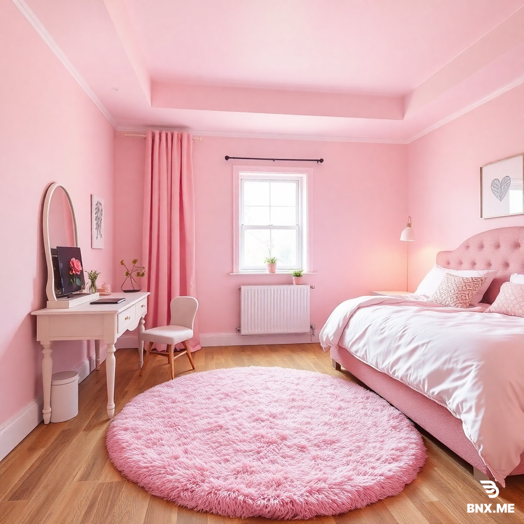 A cozy pink bedroom with a round fluffy pink mat next to the pink huge bed and beatiful desk with a tiny window