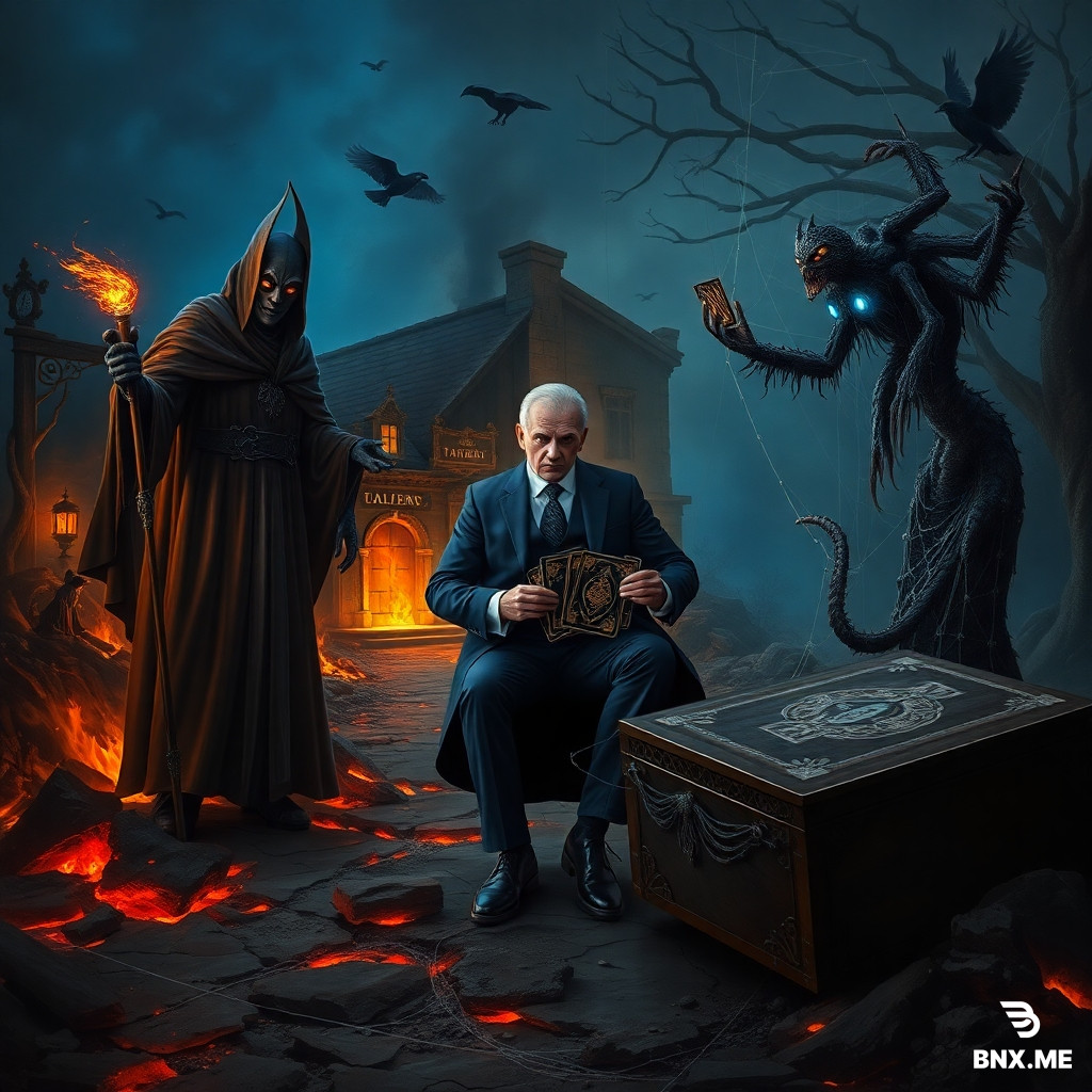 Epic dark fantasy scene, three powerful entities gathered on a ruined crossroads at night. Left: tall figure in smoldering cloak, iron mask, holding staff with glowing ember, standing in scorched earth, fiery cracks around him. Right: eerie humanoid with spider head and lion-like mane, draped in black robe with silver web embroidery, holding a web staff, eight glowing blue eyes. Center: a smug man in elegant dark blue suit with golden eyes, sitting casually on an overturned ornate coffin, holding a deck of glowing arcane tarot cards, cards floating in the air. Background: burnt remains of a tavern, dark forest with twisted branches, ravens, faint figures of a priestess and a cultist. Atmosphere: oppressive, blue and orange lighting, spider webs glistening with frost, sparks flying, high detail, cinematic lighting, oil painting style, dark fantasy, gothic.