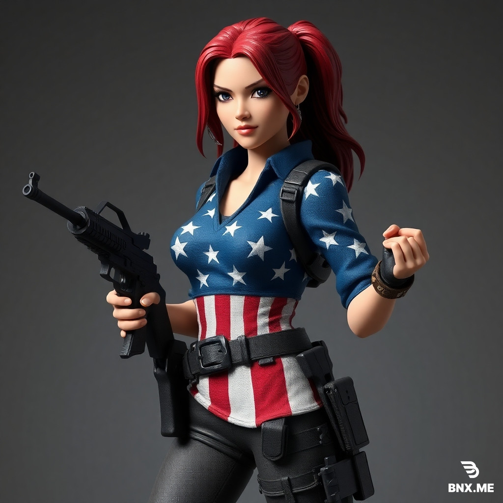 erstelle mir ein spiel figur die eine amerikanerin ist und sehr gut mit waffen umgehen kann die erstelle das mir bildich da ihr kräfte liegt das sie flick mit jederwaffe umgehen kann ihr style soll aber auch amerikanisch sein
