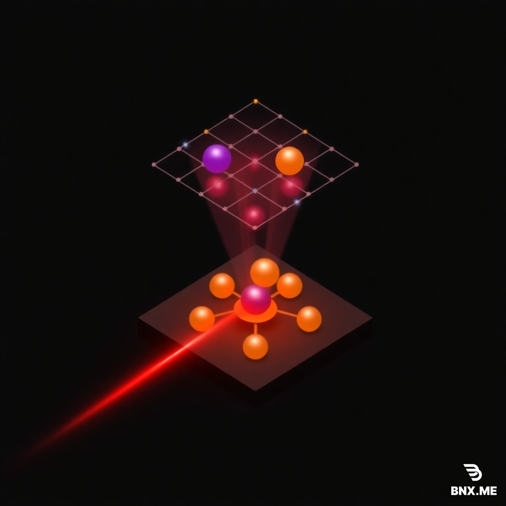 an isometric 2 x 2 square grid the bottom grid is illuminated from below by a red laser beam, the square of the bottom grid have spheres 2 of them of purple color and 2 orange color, from the spheres and directed to the above grid (same grid without spheres)  from each sphere emanates a ray of light the same color of the spheres that reaches the above grid and turns it to the same color of the beam. name each part, example bottom laser as the input laser, the bottom grid is the quantum chip, the top grid is the photodetector teh reays are the outputs of teh quantum chip, background dark grey