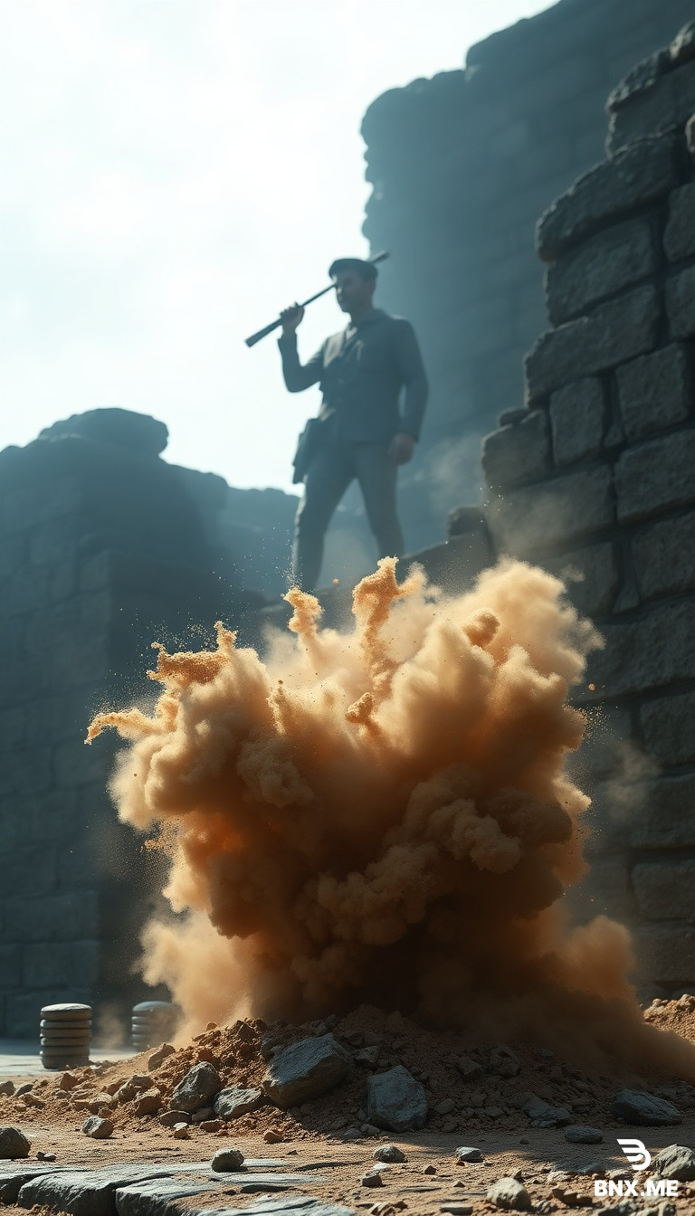 Visual Prompt:* A high-tension, cinematic action shot. A plume of dust and debris erupts from the base of a ancient stone wall—the aftermath of a dynamite charge. A silhouette of a man holding a detonator stands in the background. The stones look scarred and sad. Stark contrast between the ancient architecture and the destructive colonial tools. Photorealistic, dramatic smoke effects.