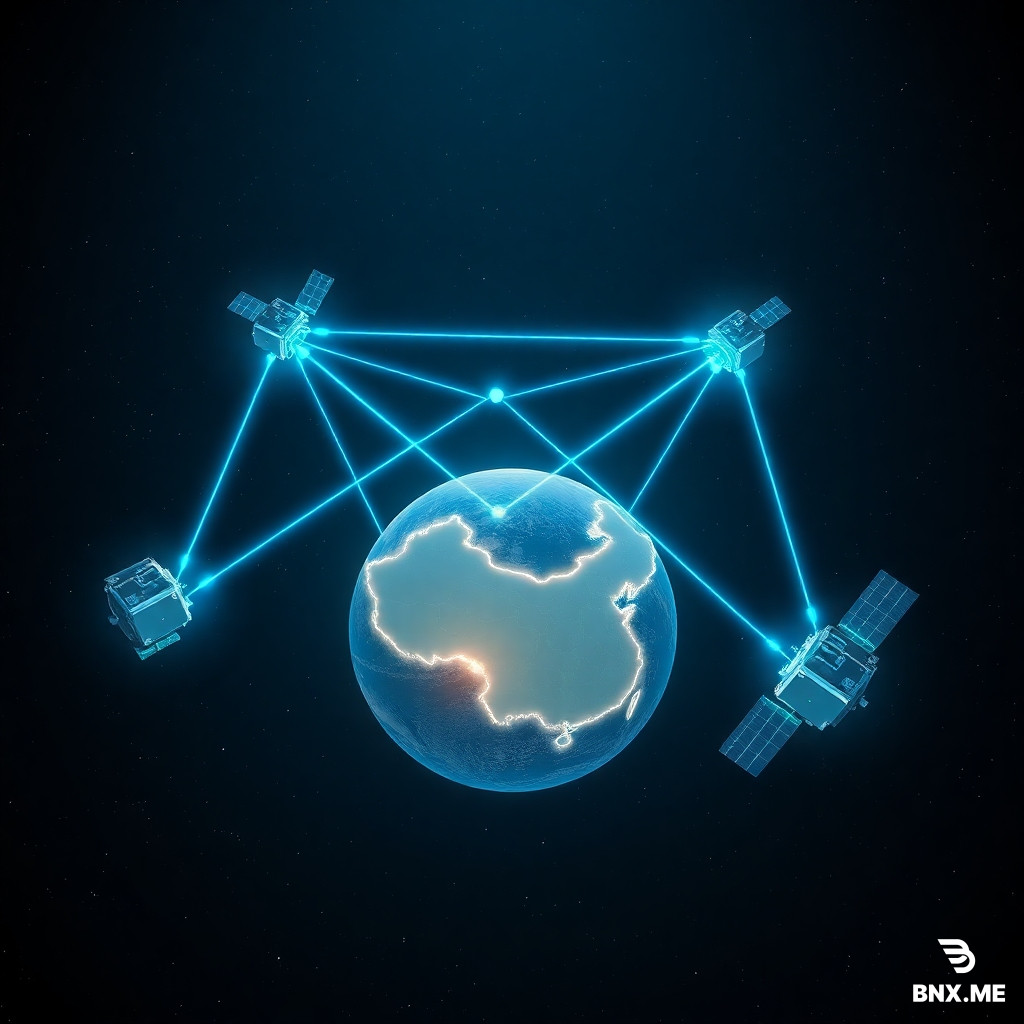 Deep space, Earth visible in the background. Three BeiDou satellites arranged in a triangular formation, each connected by glowing neon blue data beams forming a mesh network. One satellite near the Earth is sending a concentrated beam of data down directly onto the map of China (mainland outline visible). No ground stations elsewhere on Earth. The satellites have solar panels and small antenna dishes. Starfield background, dark navy blue tones with cyan and gold accents. Futuristic scientific illustration, ultra detailed, 4K, wide angle.