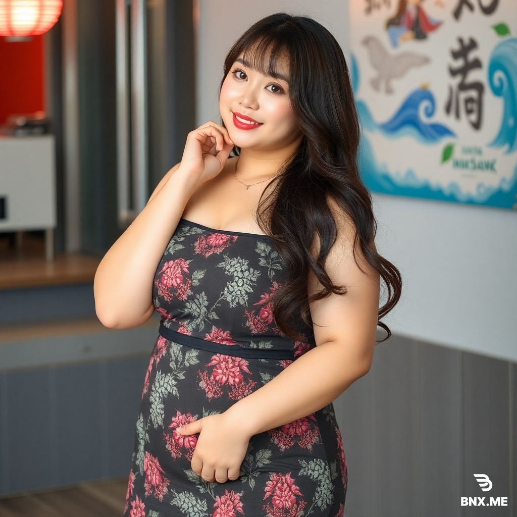 Japanese chubby woman wearing mini dress