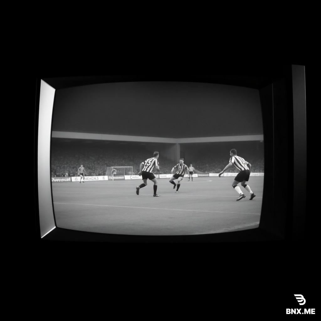 Scene: Black screen to vintage TV text Black and white grainy 1990s football footage, Newcastle United playing, old television screen with scan lines, nostalgic vintage effect, 4:3 aspect ratio make it animation