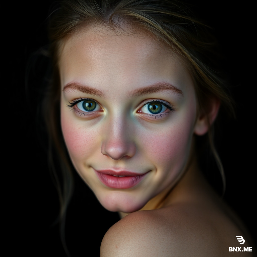 MAKE photo. very Young female Danish eyes. Imtense Look at viewer, freckled skin, Dark background, backlight, Natural Look, smirk, shoulder, flushed face skin