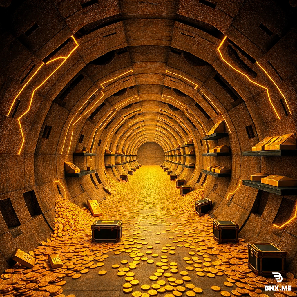 An endless techno tunnel made of concrete, filled with gold and treasures, walls sparkling with gold veins in the light of torches, the ground strewn with coins and chests of jewelry. Shelves with gold bars are located along the walls. The frontal point of view in the center of the tunnel.