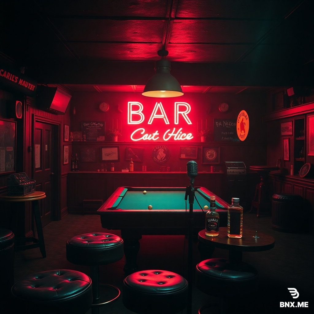 Bar rock album cover, gritty dive bar interior, neon sign glow, pool table, whiskey bottle, worn leather stools, vintage mic stand, dark moody lighting, cinematic, film grain, textured, 4K, bold typography space at top, classic rock aesthetic”